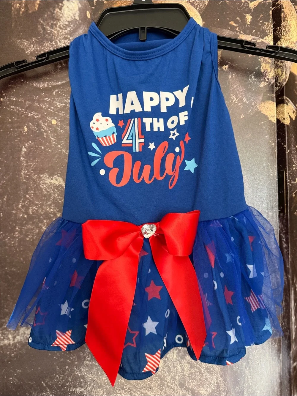 Pet 4th of July Tulle Dress with Red Bow Accent